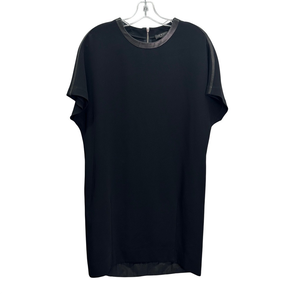 Rag & Bone Black Lamb Leather Trim Short Sleeve Shift Office Dress Size S